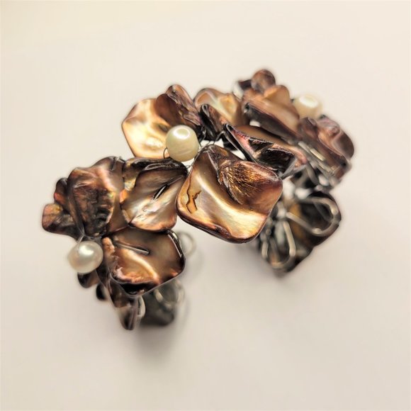 Golden Brown Cuff Bracelet with Freshwater Pearls and Mother Of Pearl - NEW - Picture 5 of 15